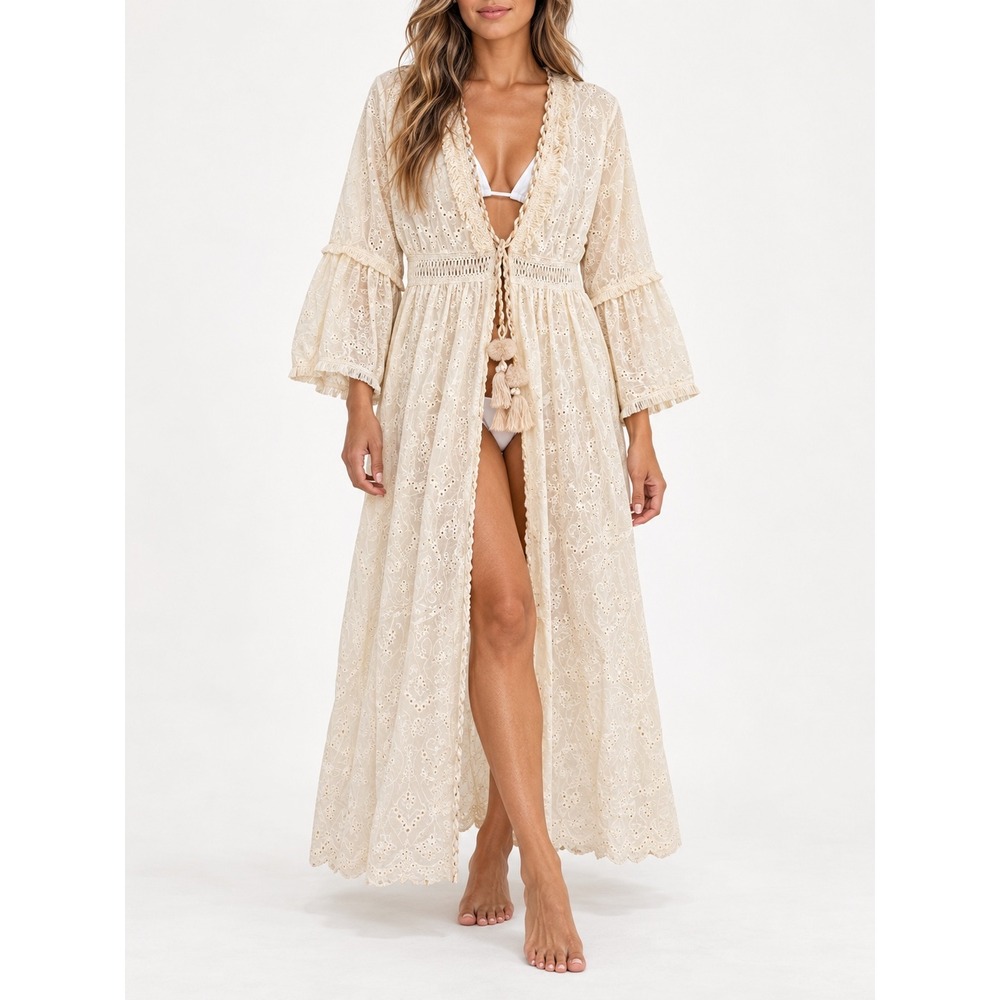 ADDCONFDT Eyelet Maxi Cover Up Dress Womens M Ivory Boho Tassel Fringe NWT